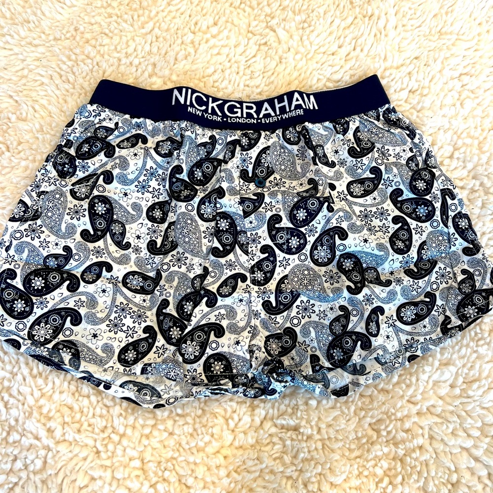 NICK GRAHAM men’s boxer shorts, navy blue and white paisley - size Small